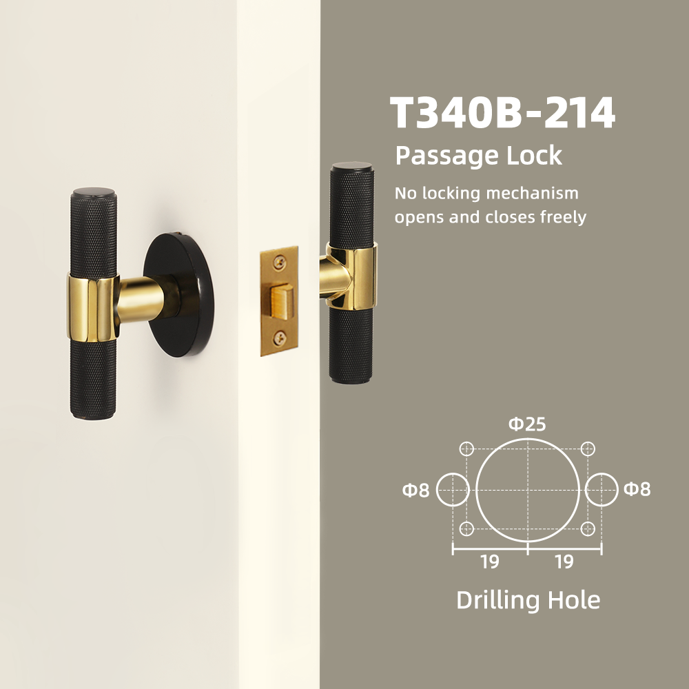 DOOROOM Brass Door Lock Set Black Gold Knurled Hidden Door  Modern T-bar Bedroom Bathroom  Door Lever Dummy Privacy Passage