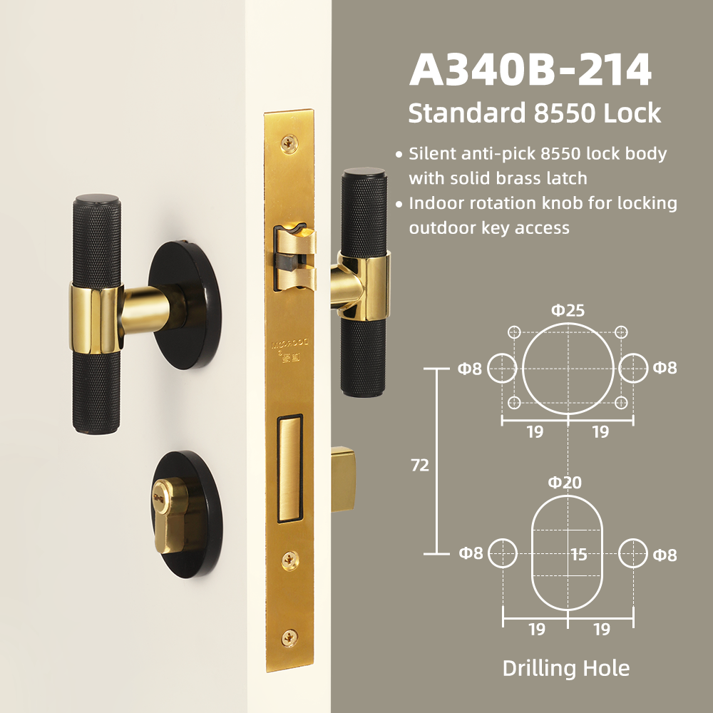 DOOROOM Brass Door Lock Set Black Gold Knurled Hidden Door  Modern T-bar Bedroom Bathroom  Door Lever Dummy Privacy Passage