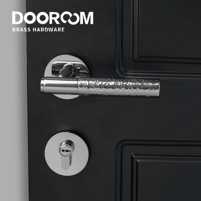 Dooroom Brass Door Lock Set Hammered Bright Silver Interior Bedroom Bathroom Double Wood Door Lever Dummy Passage Privacy Lock