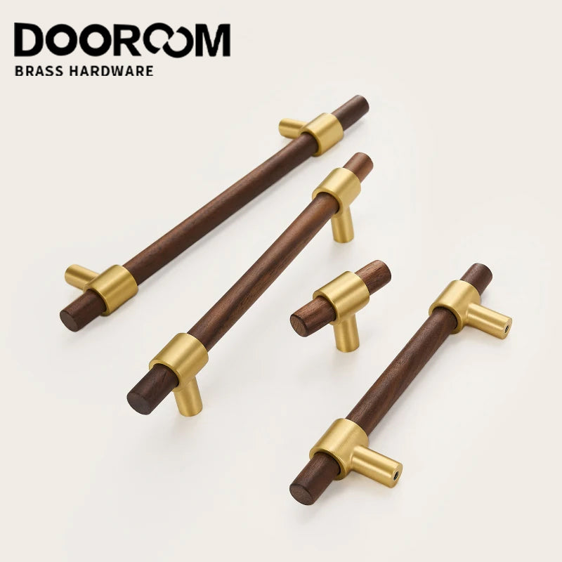 DOOROOM Brass Walnut Solid Wood Furniture Handles Closet Wardrobe Cupboard Dresser Nordic Drawer Knob Armario Modern Hardware