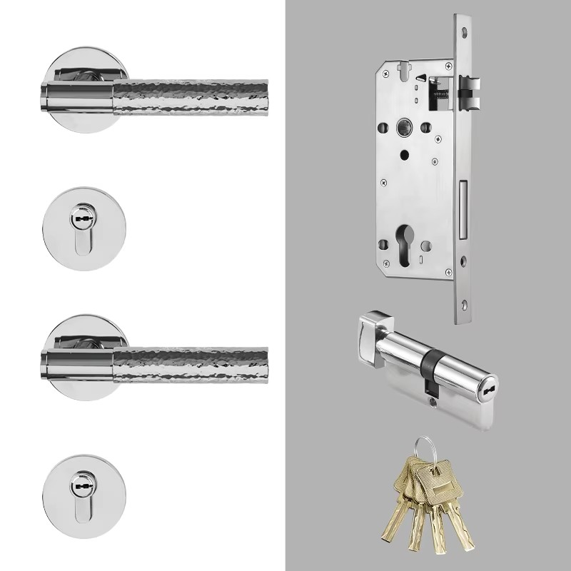 Dooroom Brass Door Lock Set Hammered Bright Silver Interior Bedroom Bathroom Double Wood Door Lever Dummy Passage Privacy Lock