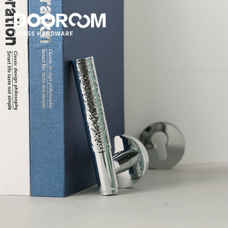 Dooroom Brass Door Lock Set Hammered Bright Silver Interior Bedroom Bathroom Double Wood Door Lever Dummy Passage Privacy Lock