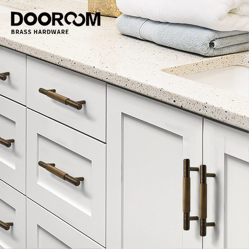 SAILANKA-Brass Cabinet Handles, Wardrobe Pulls, Drawer Knobs, Knurled Furniture Door T Bar Handle for Chest Drawer Dresser