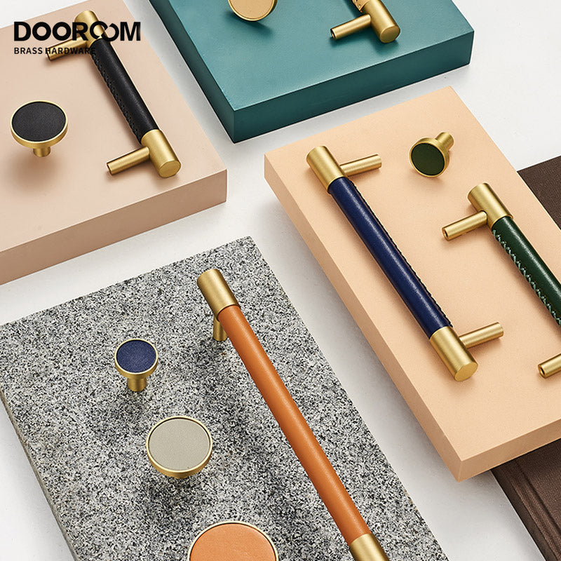 Dooroom Brass Furniture Handles Real Leather Nordic Simple Pulls Cupboard Wardrobe Dresser Shoe Box Drawer Wine Bar Cabinet Knob