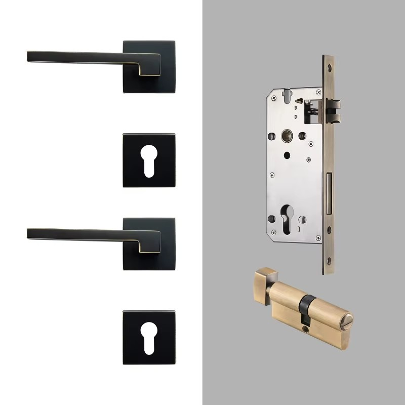 Dooroom Brass Door Lever American Nordic Modern Solid Wood Interior Door Lock Bedroom Split Mechanical Set Handle Black Square