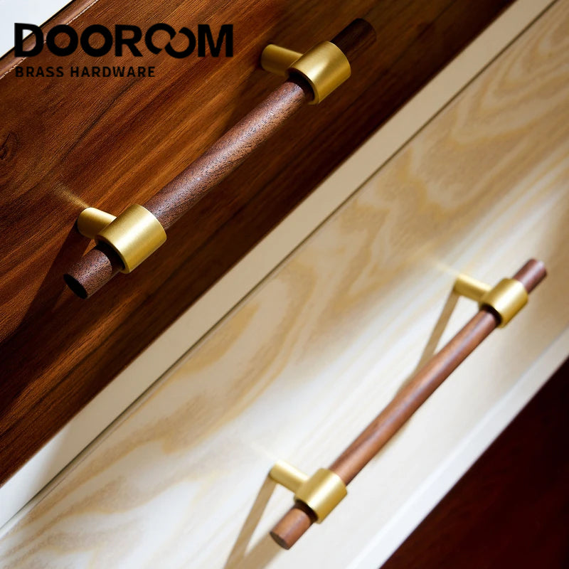DOOROOM Brass Walnut Solid Wood Furniture Handles Closet Wardrobe Cupboard Dresser Nordic Drawer Knob Armario Modern Hardware