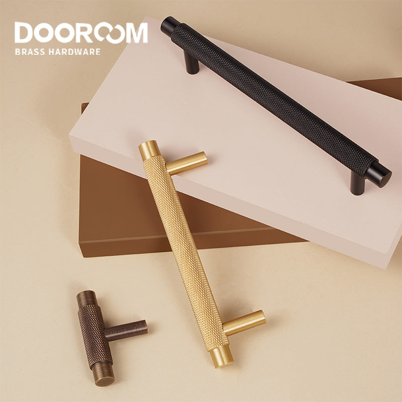 Dooroom Brass Furniture Handles Modern Knurled Antique Brass Cupboard Wardrobe Dresser Shoe Box Drawer Cabinet Knobs T-Bar