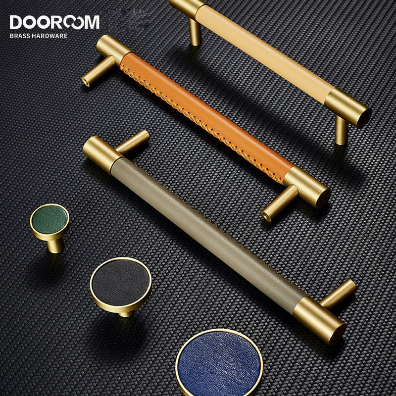 Dooroom Brass Furniture Handles Real Leather Nordic Simple Pulls Cupboard Wardrobe Dresser Shoe Box Drawer Wine Bar Cabinet Knob