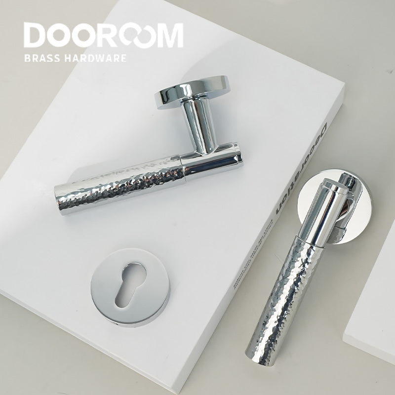 Dooroom Brass Door Lock Set Hammered Bright Silver Interior Bedroom Bathroom Double Wood Door Lever Dummy Passage Privacy Lock