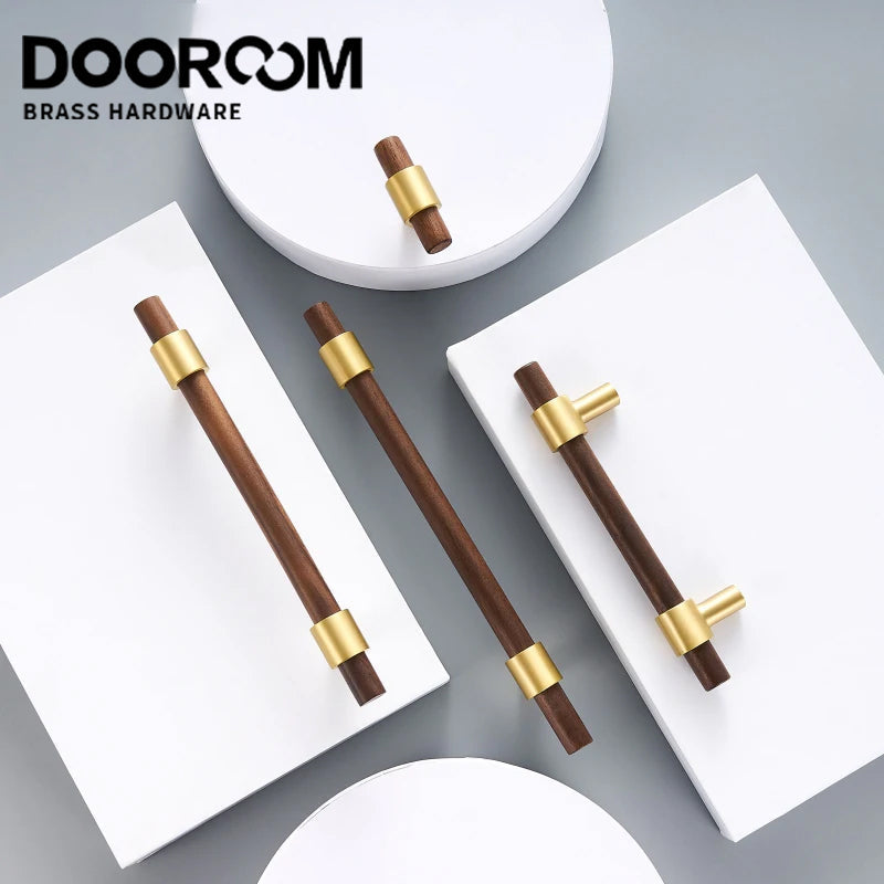 DOOROOM Brass Walnut Solid Wood Furniture Handles Closet Wardrobe Cupboard Dresser Nordic Drawer Knob Armario Modern Hardware