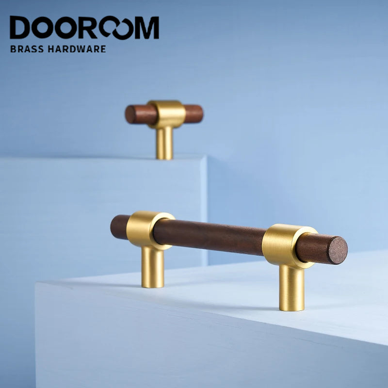 DOOROOM Brass Walnut Solid Wood Furniture Handles Closet Wardrobe Cupboard Dresser Nordic Drawer Knob Armario Modern Hardware