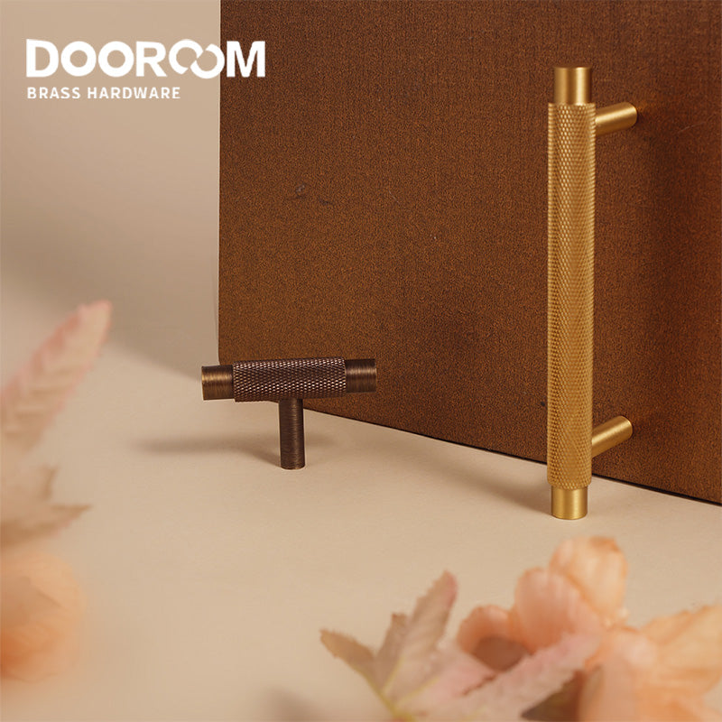 Dooroom Brass Furniture Handles Modern Knurled Antique Brass Cupboard Wardrobe Dresser Shoe Box Drawer Cabinet Knobs T-Bar
