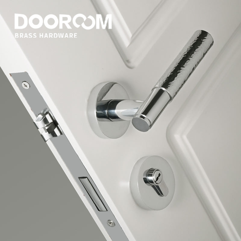 Dooroom Brass Door Lock Set Hammered Bright Silver Interior Bedroom Bathroom Double Wood Door Lever Dummy Passage Privacy Lock