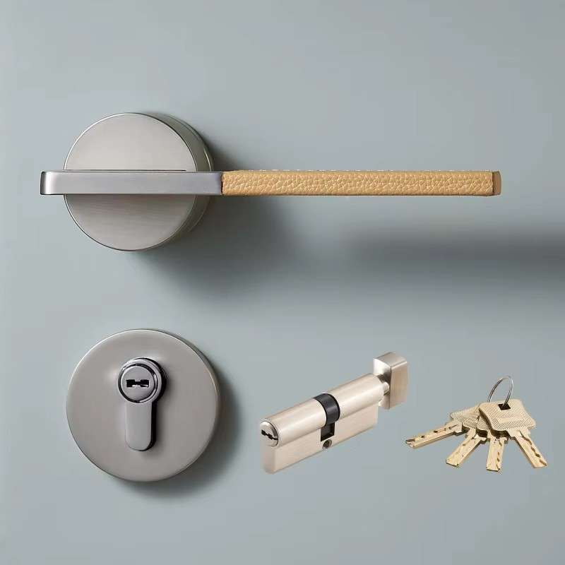 Dooroom Brass Leather Door Lock Set Black Brushed Nickel Bedroom Bathroom Double Wood Door Lever Set Dummy Privacy Passage