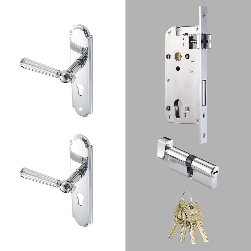 Dooroom Brass Door Lock Set Modern Shiny Chrome Interior Bedroom Bathroom Double Wood Door Lever Set Dummy Handle