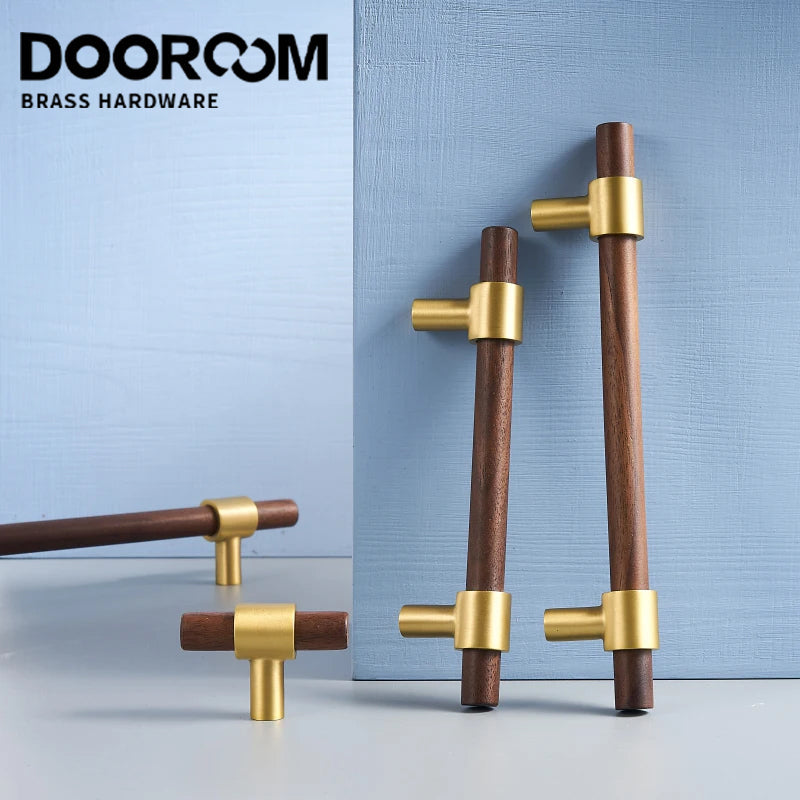 DOOROOM Brass Walnut Solid Wood Furniture Handles Closet Wardrobe Cupboard Dresser Nordic Drawer Knob Armario Modern Hardware