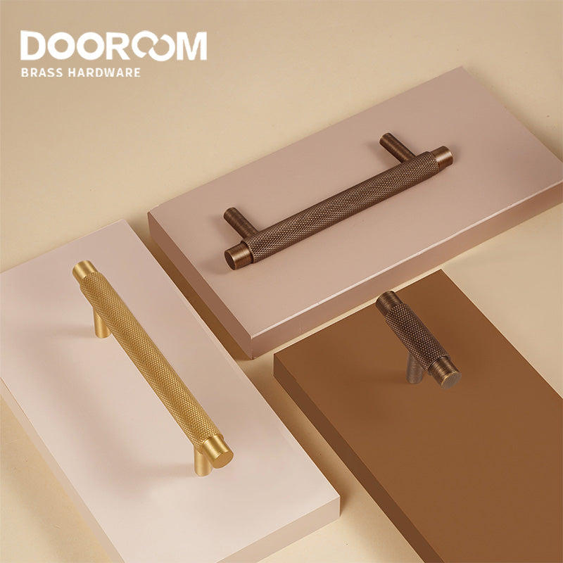 Dooroom Brass Furniture Handles Modern Knurled Antique Brass Cupboard Wardrobe Dresser Shoe Box Drawer Cabinet Knobs T-Bar