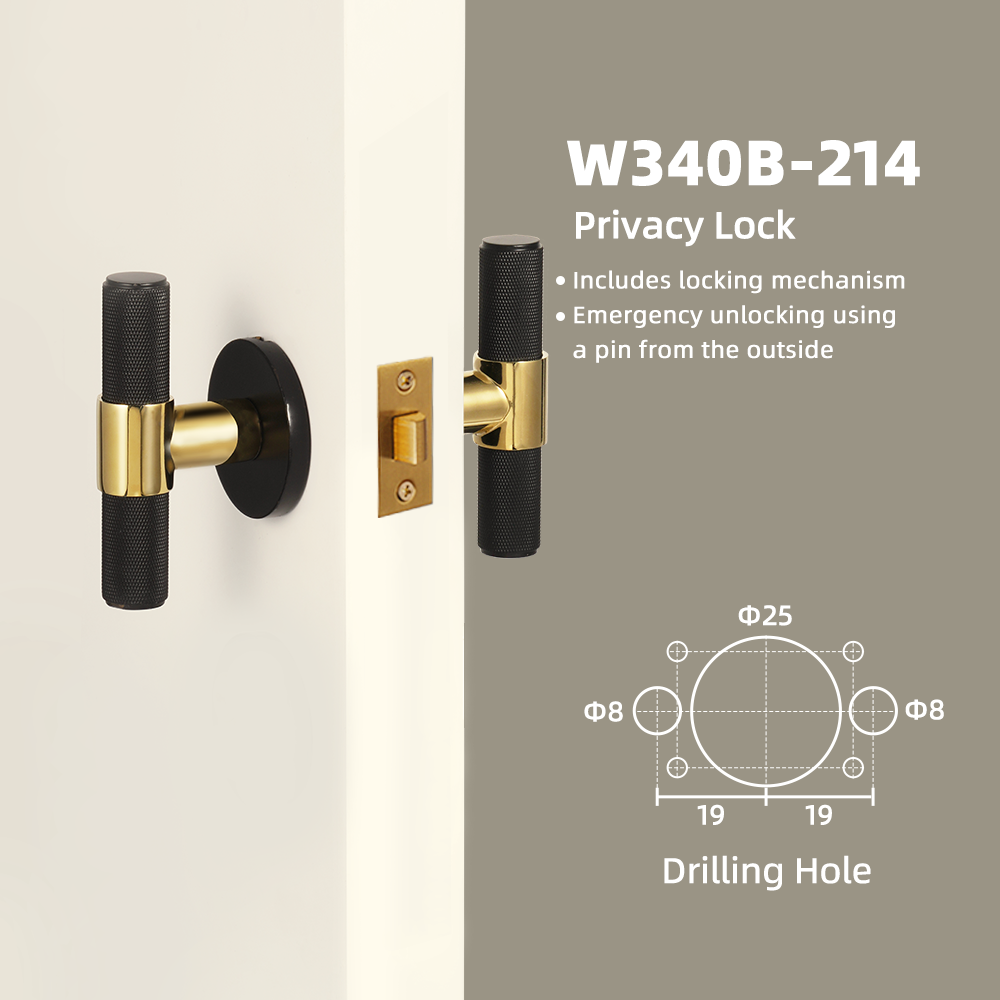 DOOROOM Brass Door Lock Set Black Gold Knurled Hidden Door  Modern T-bar Bedroom Bathroom  Door Lever Dummy Privacy Passage