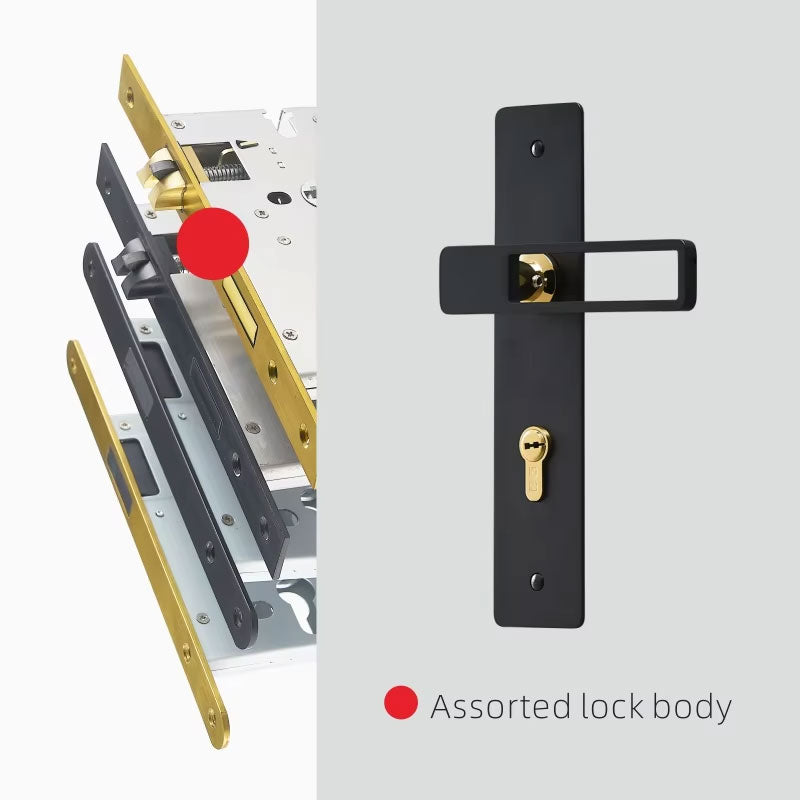 Dooroom Brass Door Lever Ultra-thin Mute Black Gold Interior Bedroom Bathroom Wood Door Lock Set Long Plate