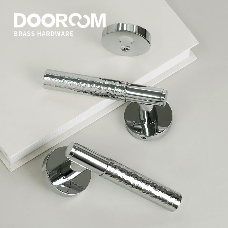 Dooroom Brass Door Lock Set Hammered Bright Silver Interior Bedroom Bathroom Double Wood Door Lever Dummy Passage Privacy Lock