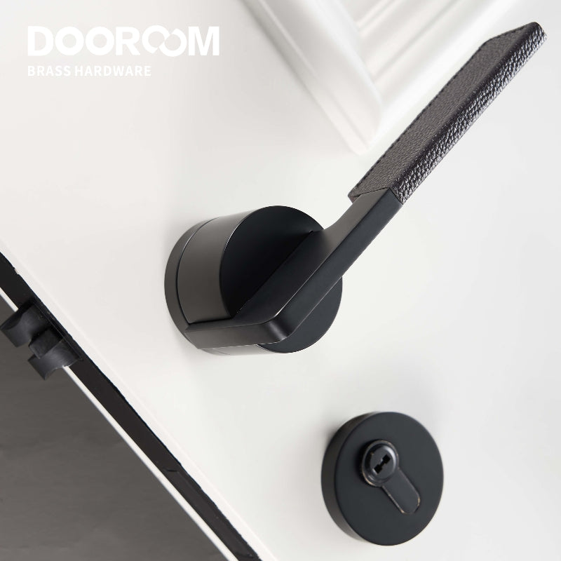 Dooroom Brass Leather Door Lock Set Black Brushed Nickel Bedroom Bathroom Double Wood Door Lever Set Dummy Privacy Passage