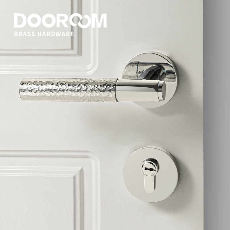 Dooroom Brass Door Lock Set Hammered Bright Silver Interior Bedroom Bathroom Double Wood Door Lever Dummy Passage Privacy Lock