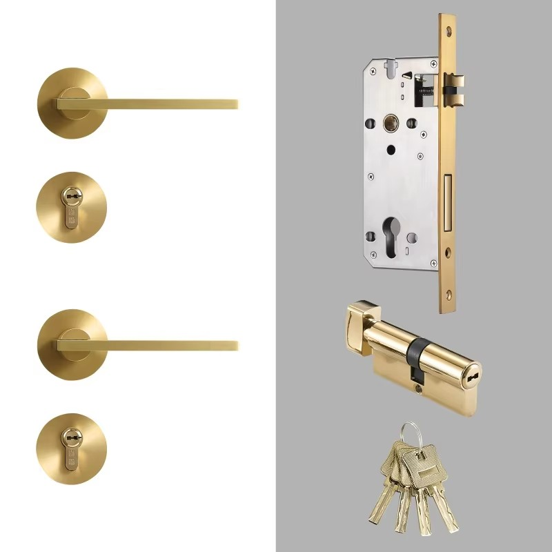 Dooroom Brass Door Lock Set Modern Simple European Interior Bedroom Bathroom Double Wood Door Lever Set Dummy Handle Knob