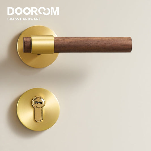 Dooroom黄铜胡桃木门锁套装 现代室内卧室浴室双木门执手套装 假把手门钮