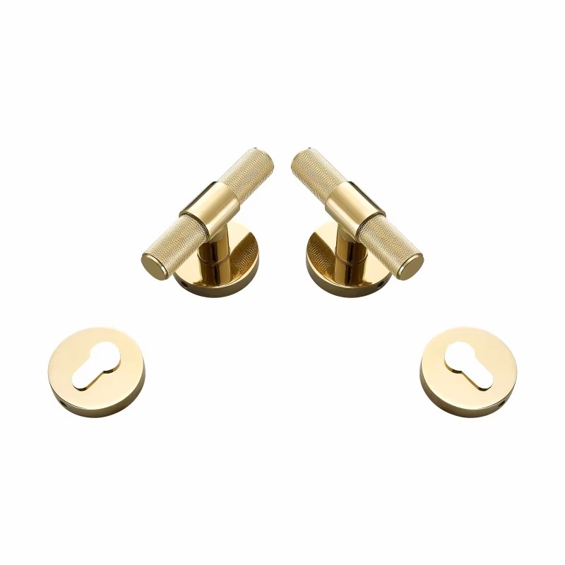 Dooroom Brass Door Lever Set Modern Knurled T-bar Interior Bedroom Bathroom Double Wood Door Lock Set Dummy Knob Hidden Door