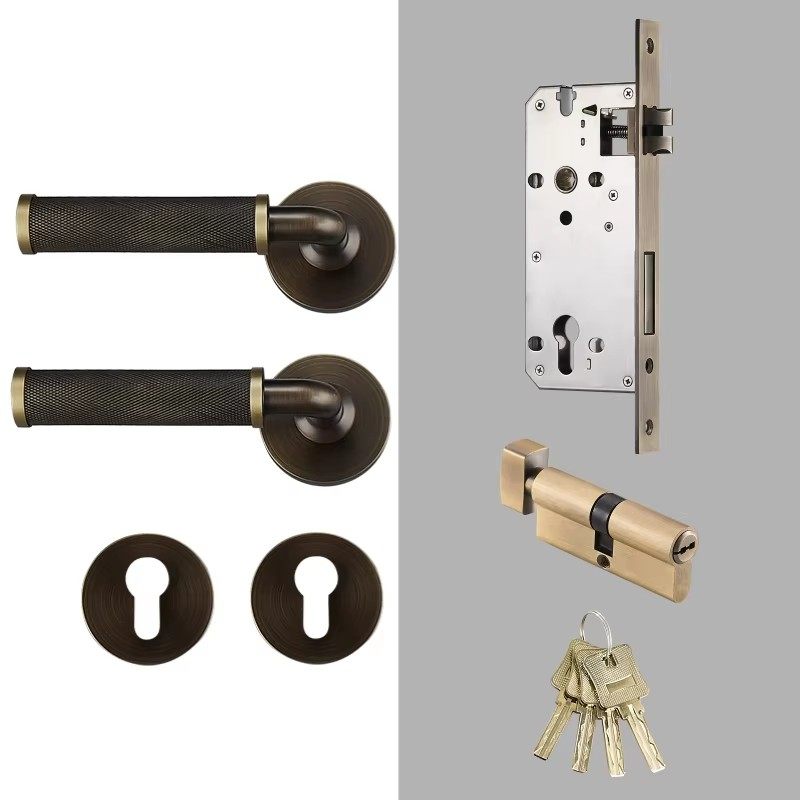 Dooroom Brass Knurled Door Lock Set Modern Interior Bedroom Bathroom Double Wood Door Lever Set Dummy Knob Privacy Passage Locks