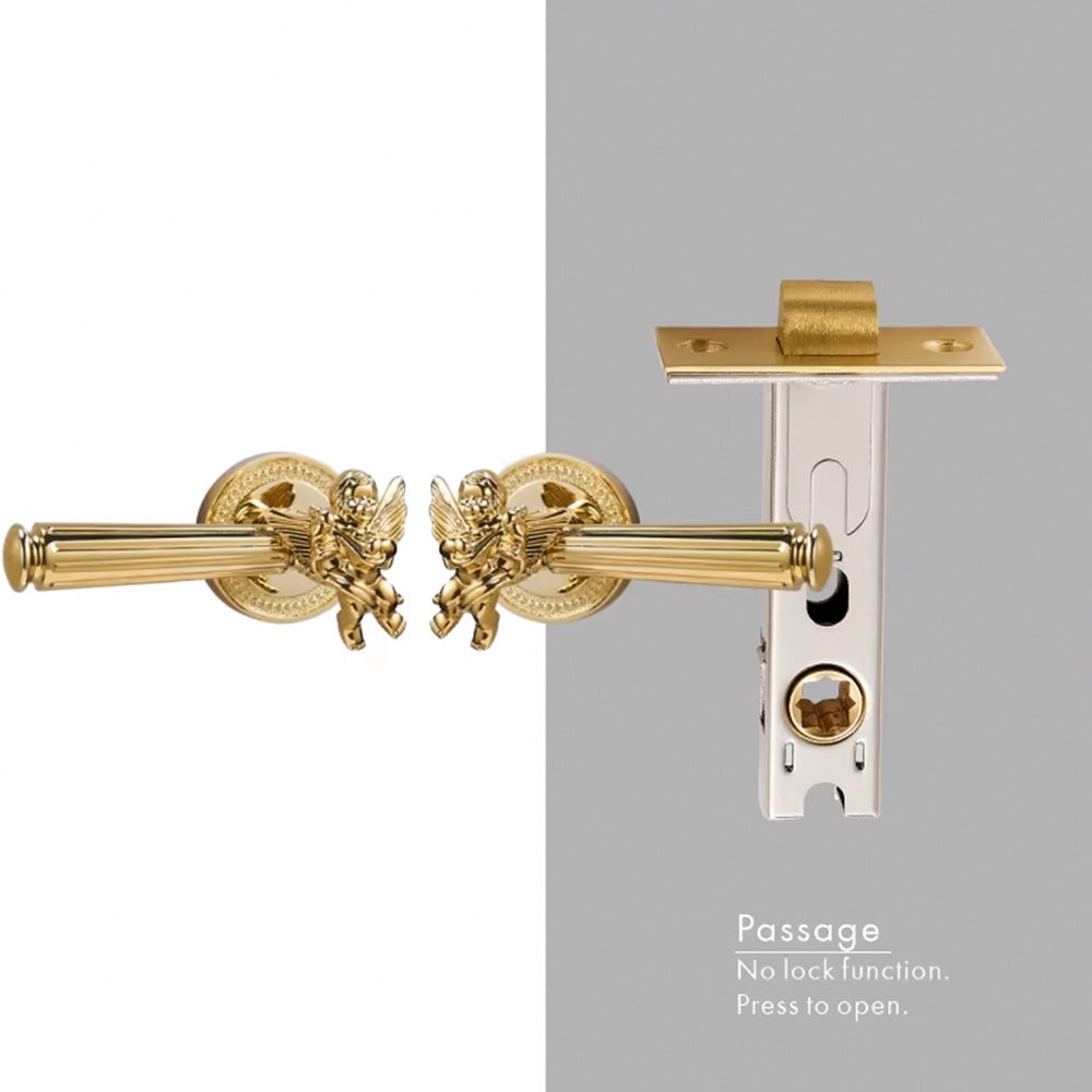 Dooroom Brass Door Lever Set Shiny Gold Bright Chrome Angel Interior Bedroom Bathroom Double Wood Door Lever Dummy Passage