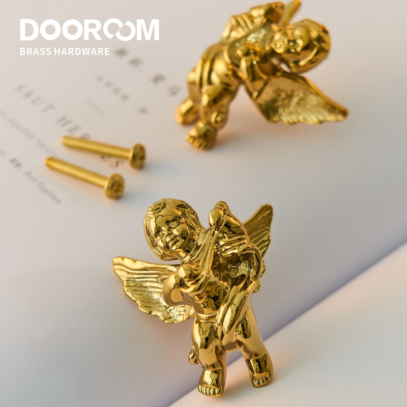 Dooroom Brass Furniture Handles Angel Decorative Shiny Chrome PVD Gold Knobs Cupboard Wardrobe Dresser Drawer Cabinet Pulls