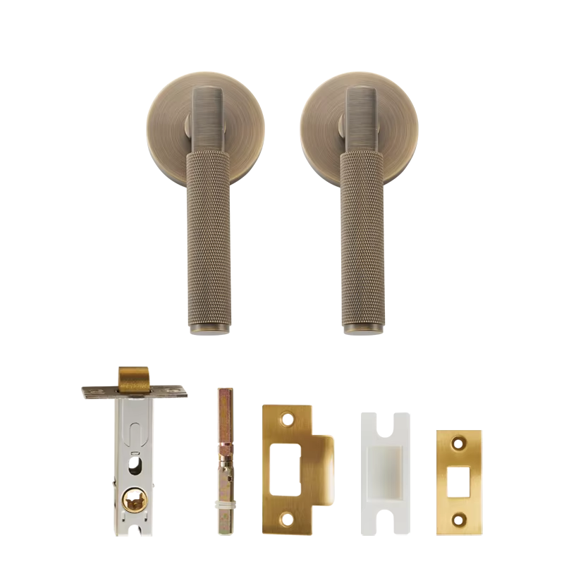 DOOROOM US Standard For 2-1/8" Hole Brass Knurled Lever Privacy Door Lock Passage Set  Round Rose 65mm Dummy Closet Handle