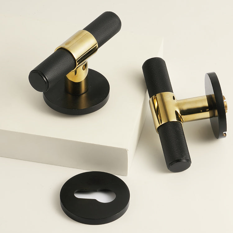 DOOROOM Brass Door Lock Set Black Gold Knurled Hidden Door  Modern T-bar Bedroom Bathroom  Door Lever Dummy Privacy Passage