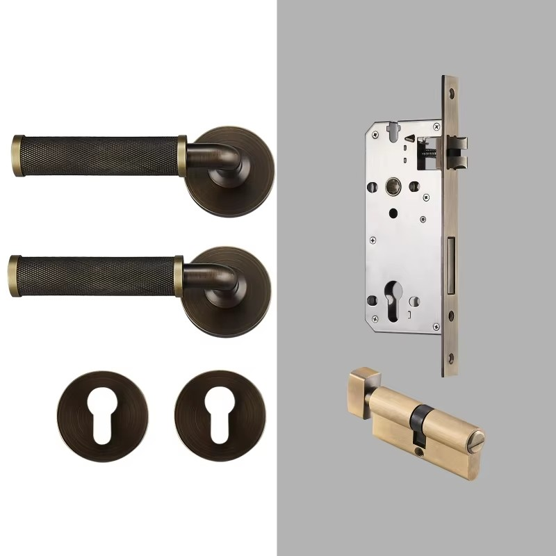 Dooroom Brass Knurled Door Lock Set Modern Interior Bedroom Bathroom Double Wood Door Lever Set Dummy Knob Privacy Passage Locks