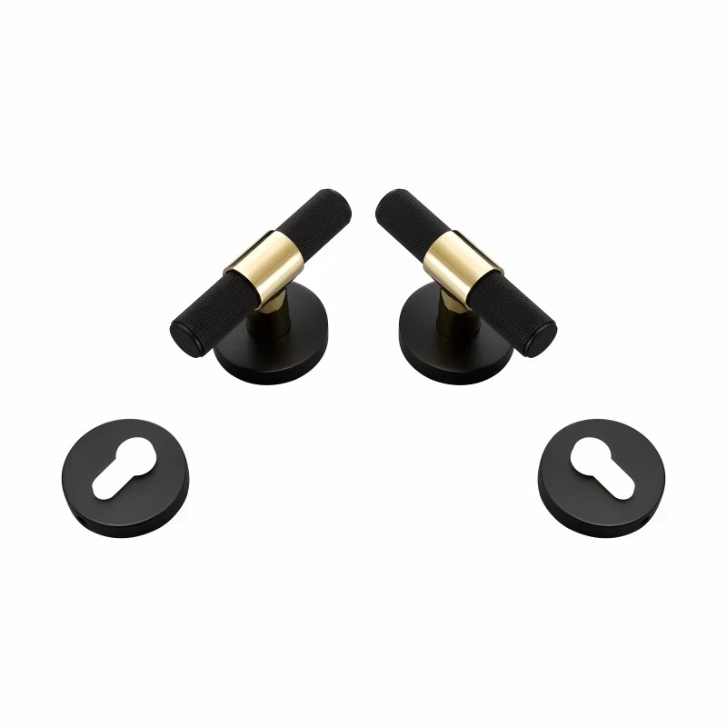 Dooroom Brass Door Lever Set Modern Knurled T-bar Interior Bedroom Bathroom Double Wood Door Lock Set Dummy Knob Hidden Door