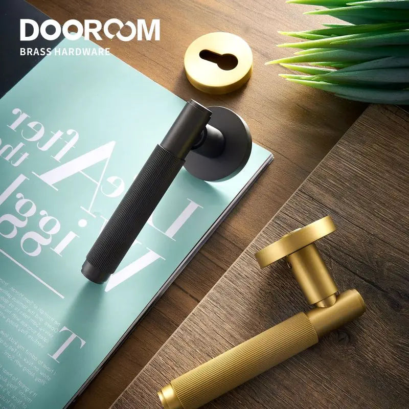 Dooroom Brass Stripe Door Lock Set Modern Grey Interior Bedroom Bathroom Double Wood Lever Dummy Handle Knob Linear