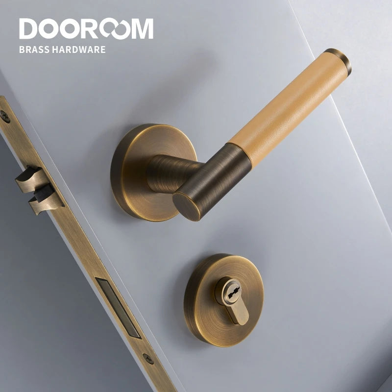 Dooroom 黄铜皮革门锁套装现代意大利风格室内卧室浴室双木门杆套装假把手