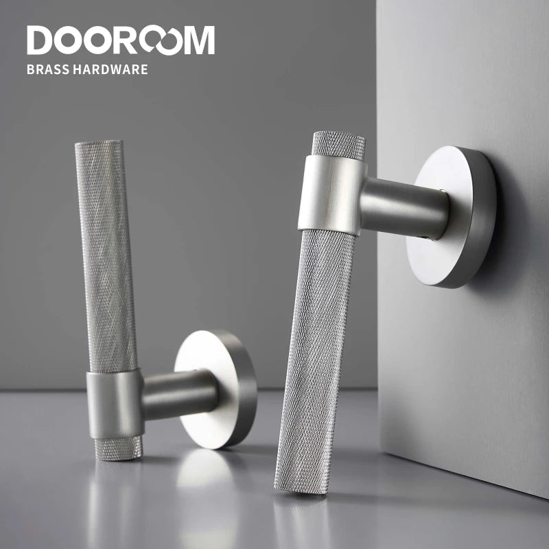 Dooroom Brass Knurled Door Lock Set Silver Matt Brushed Nickel Interior Bedroom Bathroom Double Wood Door Lever Set Dummy Handle