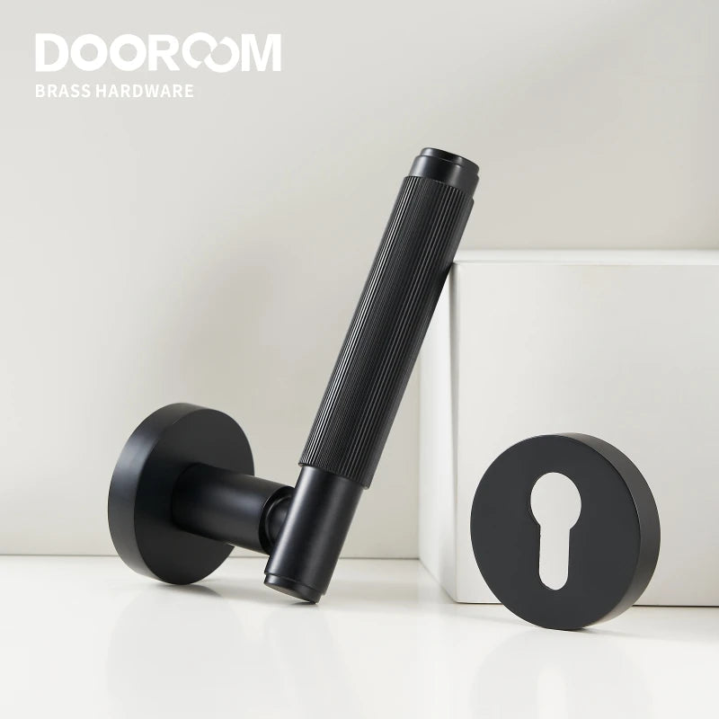 Dooroom Brass Mute Door Lock Set Modern Stripe Black Interior Bedroom Bathroom Wood Lever Dummy Handle