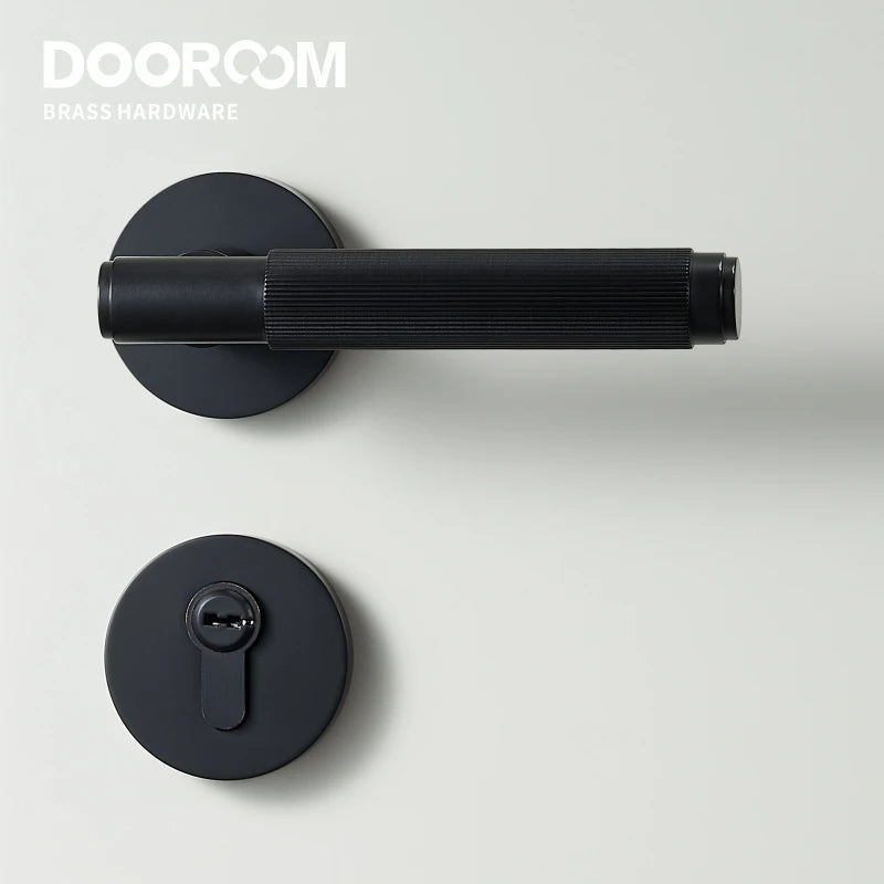 Dooroom Brass Mute Door Lock Set Modern Stripe Black Interior Bedroom Bathroom Wood Lever Dummy Handle