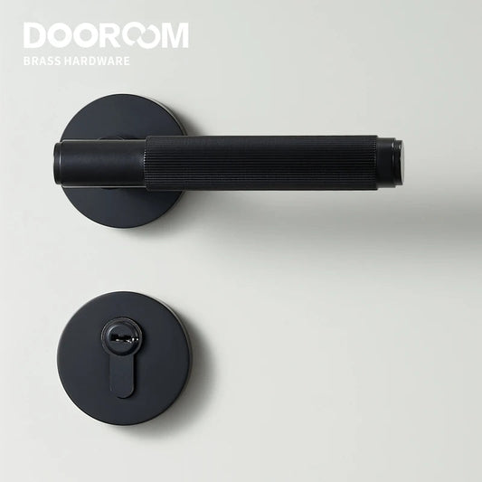 Dooroom Brass Mute Door Lock Set Modern Stripe Black Interior Bedroom Bathroom Wood Lever Dummy Handle