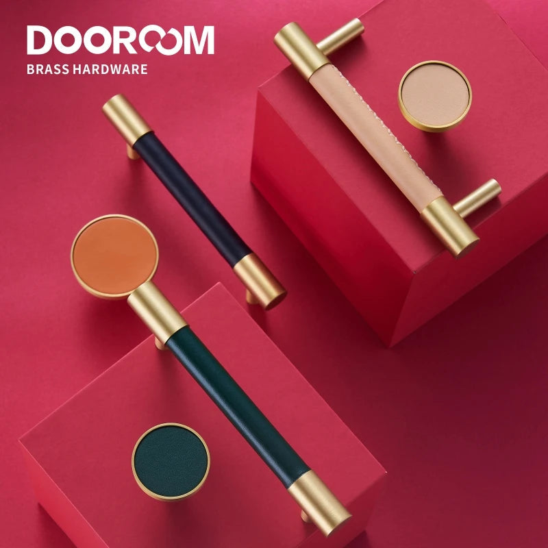 Dooroom Brass Furniture Handles Real Leather Nordic Simple Pulls Cupboard Wardrobe Dresser Shoe Box Drawer Wine Bar Cabinet Knob