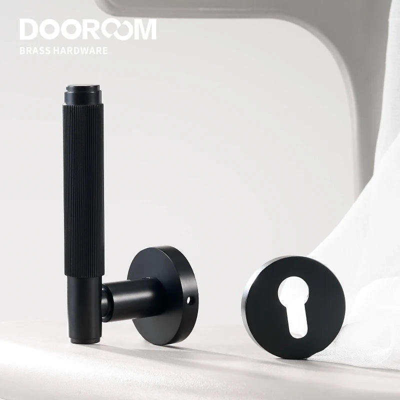 Dooroom Brass Mute Door Lock Set Modern Stripe Black Interior Bedroom Bathroom Wood Lever Dummy Handle