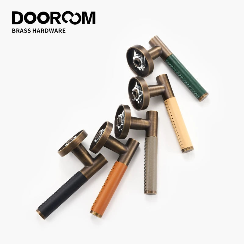 Dooroom 黄铜皮革门锁套装现代意大利风格室内卧室浴室双木门杆套装假把手