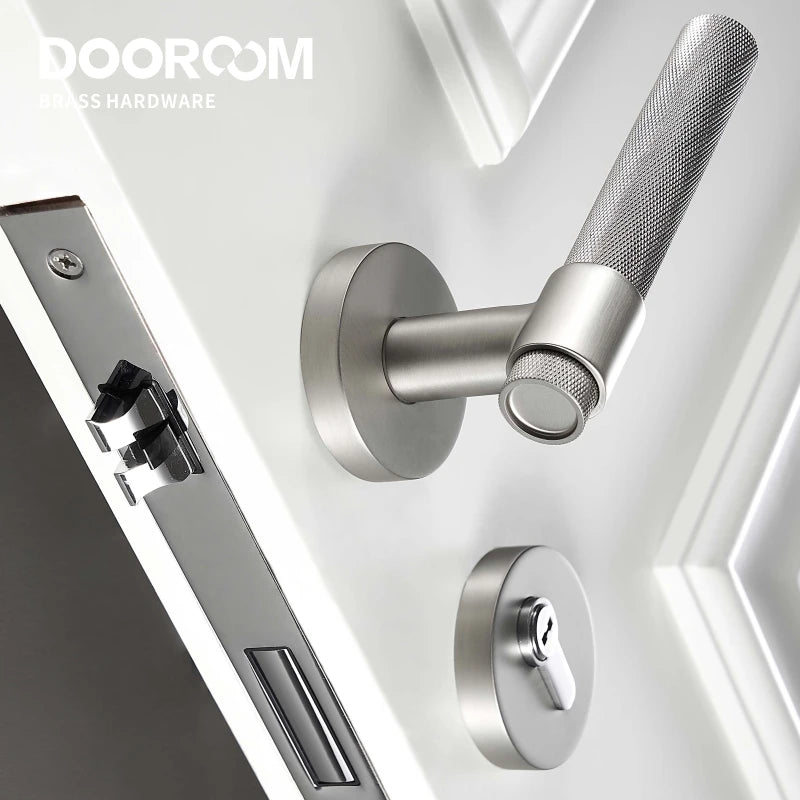 Dooroom Brass Knurled Door Lock Set Silver Matt Brushed Nickel Interior Bedroom Bathroom Double Wood Door Lever Set Dummy Handle