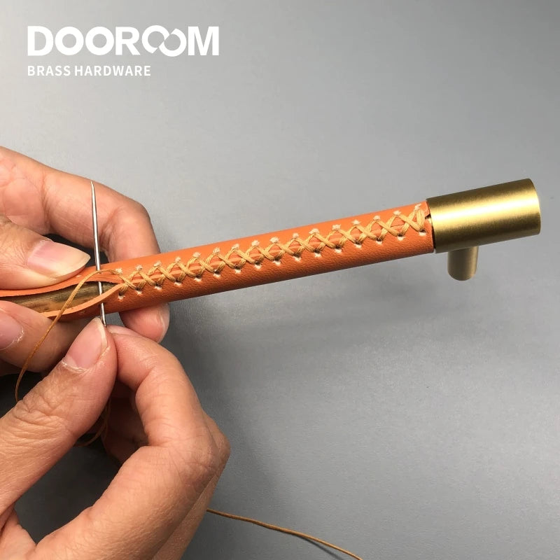 Dooroom Brass Furniture Handles Real Leather Nordic Simple Pulls Cupboard Wardrobe Dresser Shoe Box Drawer Wine Bar Cabinet Knob