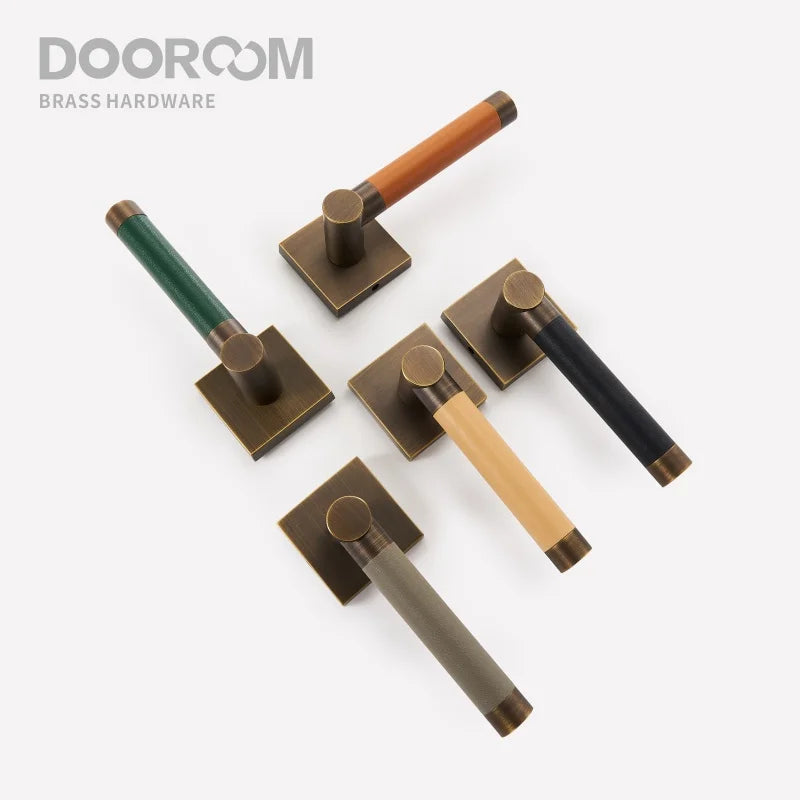 Dooroom Brass Door Lock Set Modern Replaceable Leather Interior Bedroom Bathroom Double Dummy Privacy Passage Door Lever Set