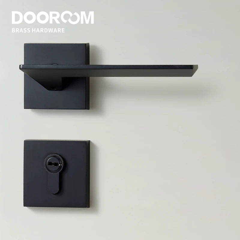 Dooroom 黄铜门锁套装现代黑色室内卧室浴室双木门杆套装假锁把手