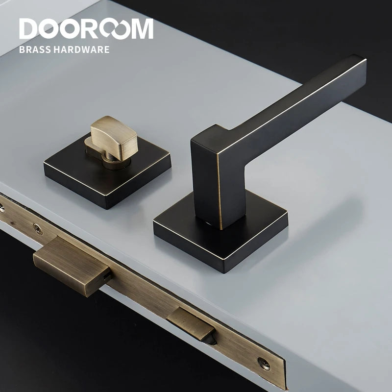 Dooroom Brass Door Lever American Nordic Modern Solid Wood Interior Door Lock Bedroom Split Mechanical Set Handle Black Square